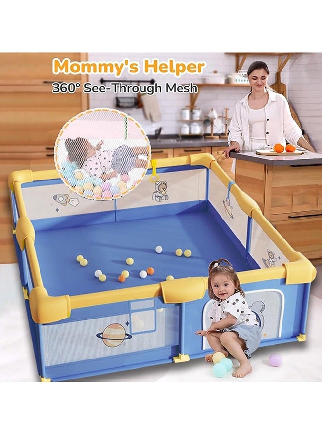 Baby Playpen, 200 X 180 CM Extra Large Playpen for Babies Kids Safe Play Center for Babies with Breathable Mesh and Zipper Door and Toddlers Gives Mommy a Break With 2 Hand Grips, 60 Balls, 1 Storage Bag