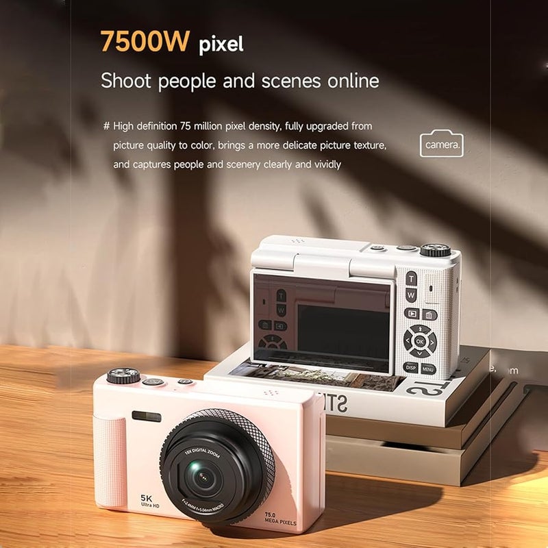 Asixxsix 5K 75MP Digital Camera 18X Zoom Autofocus Vlog Camera With 2 8 Inch Flip Screen White - Image 3