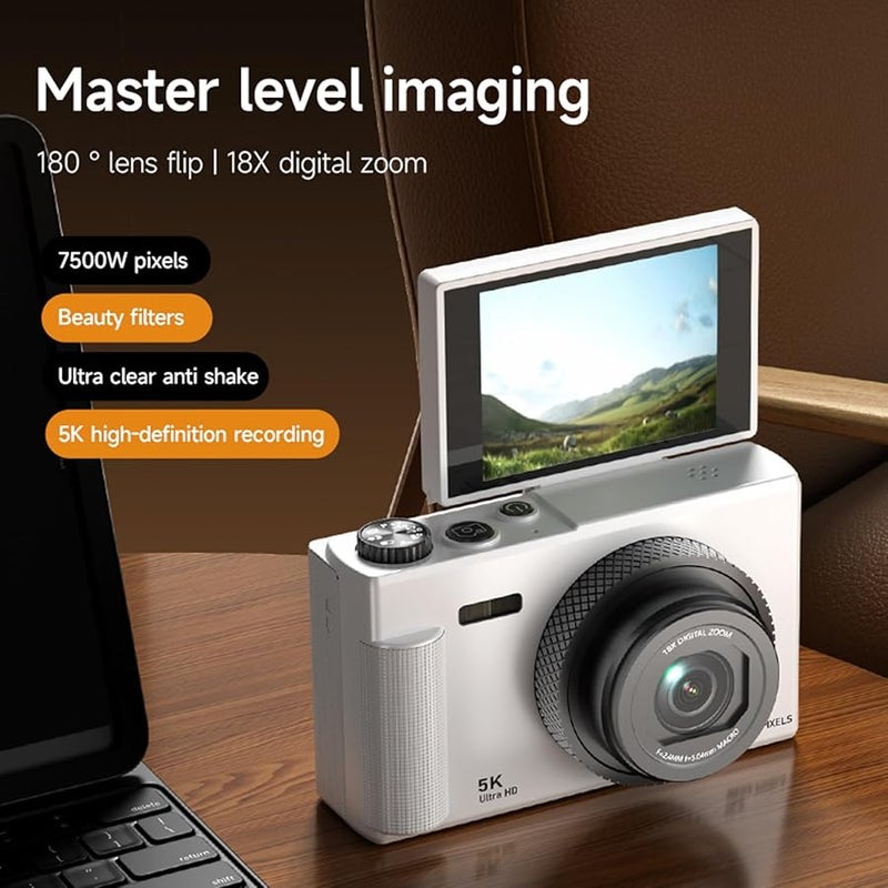 Asixxsix 5K 75MP Digital Camera 18X Zoom Autofocus Vlog Camera With 2 8 Inch Flip Screen White - Image 5