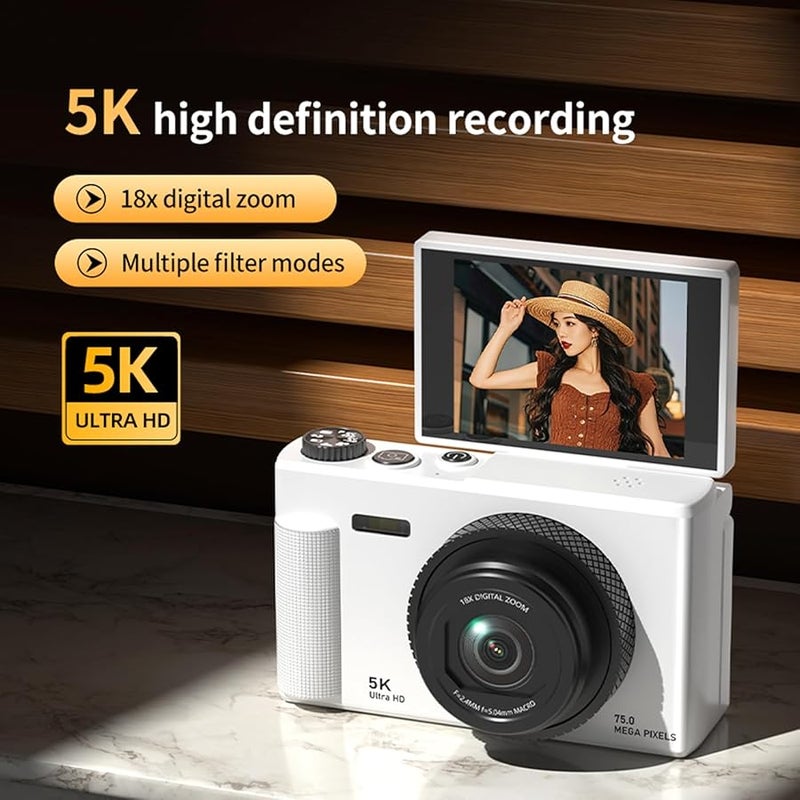 Asixxsix 5K 75MP Digital Camera 18X Zoom Autofocus Vlog Camera With 2 8 Inch Flip Screen White - Image 4