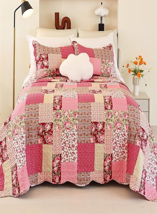 Cmfshape Summer Floral Oversize King Bedspread,Romantic Pink Quilt Set King,Reversible Stitched Bedding Set All Season,Soft Lightweight Coverlet with Pillow Cases (Hot Pink&Rose, Super King114 x102) - Image 2