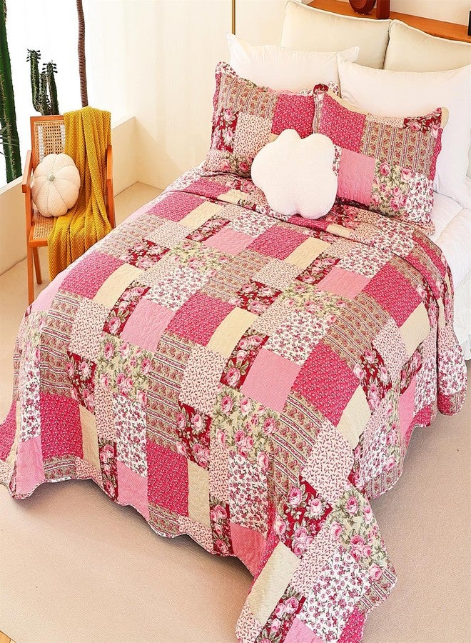 Cmfshape Summer Floral Oversize King Bedspread,Romantic Pink Quilt Set King,Reversible Stitched Bedding Set All Season,Soft Lightweight Coverlet with Pillow Cases (Hot Pink&Rose, Super King114 x102) - Image 3
