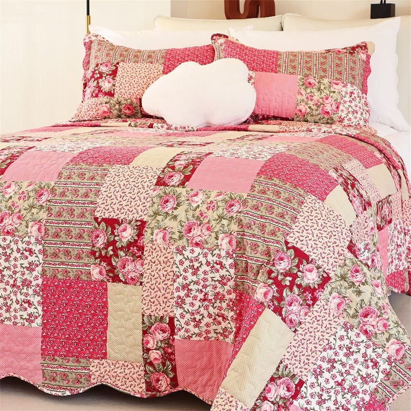 Cmfshape Summer Floral Oversize King Bedspread,Romantic Pink Quilt Set King,Reversible Stitched Bedding Set All Season,Soft Lightweight Coverlet with Pillow Cases (Hot Pink&Rose, Super King114 x102) - Image 1
