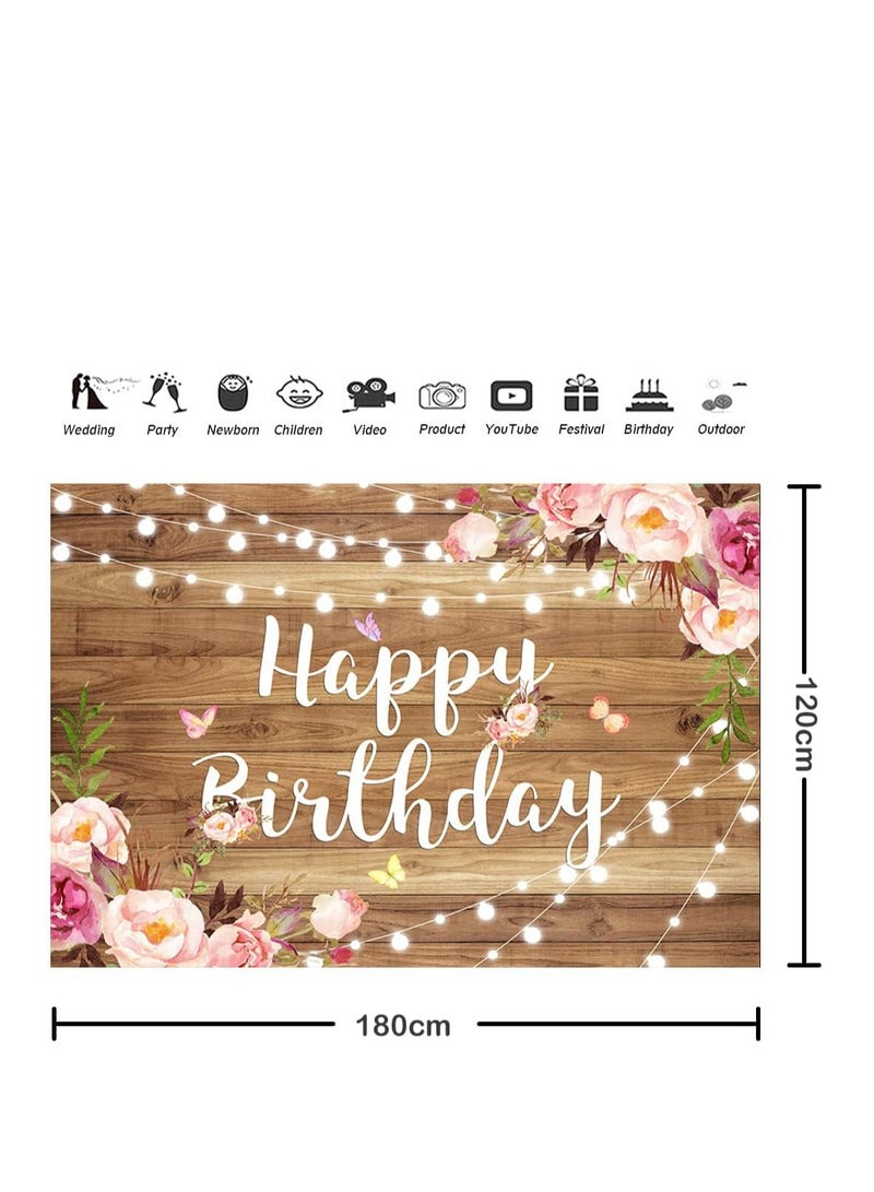 SYOSI Happy Birthday Backdrop Pink Floral Happy Birthday Backdrop Butterfly Wooden Floor Watercolor Flowers Girls Women Photography Background Banner Cake Table Supplies Party Decoration Photo Booth - Image 4
