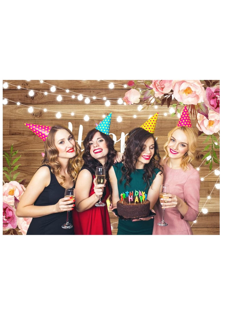 SYOSI Happy Birthday Backdrop Pink Floral Happy Birthday Backdrop Butterfly Wooden Floor Watercolor Flowers Girls Women Photography Background Banner Cake Table Supplies Party Decoration Photo Booth - Image 3