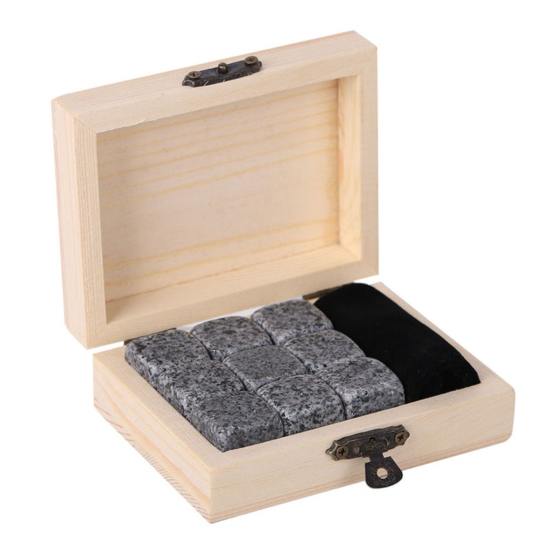 9Pcs Whisky Wine Chilling Stones Set Home Drink Chiller Stones Rocks Wooden Box Sesame Grey - Image 2