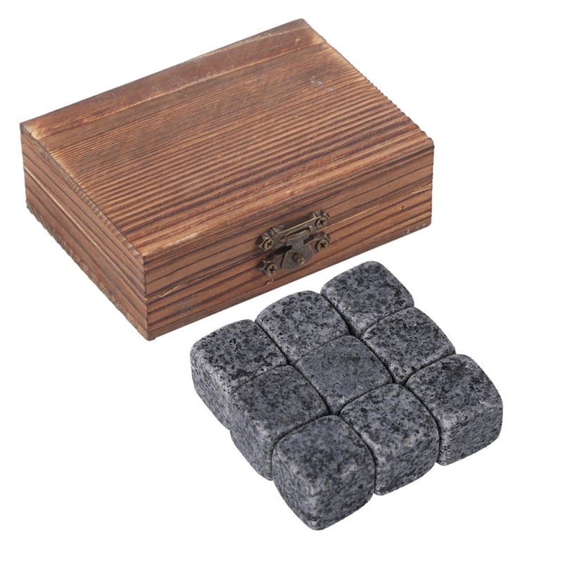 9Pcs Whisky Wine Chilling Stones Set Home Drink Chiller Stones Rocks Wooden Box Sesame Grey - Image 1