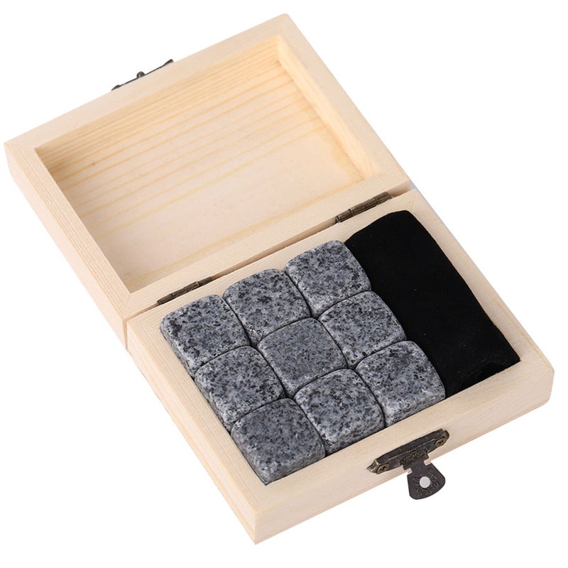 9Pcs Whisky Wine Chilling Stones Set Home Drink Chiller Stones Rocks Wooden Box Sesame Grey - Image 4