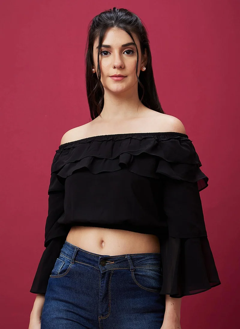 globus Globus Women Black Off Shoulder Bell Sleeve Ruffles Bardot Crop Top
