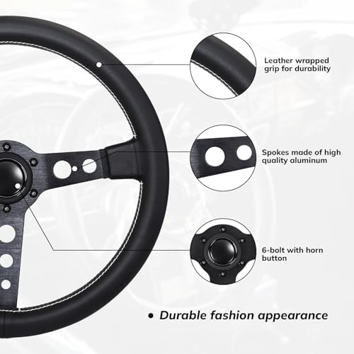 QYMOPAY 14in Racing Steering Wheel, Universal Leather Steering Wheel, Six Hole Black with Horn for MOMO Prototipo - Image 3