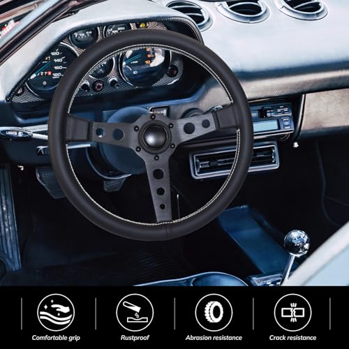 QYMOPAY 14in Racing Steering Wheel, Universal Leather Steering Wheel, Six Hole Black with Horn for MOMO Prototipo - Image 4