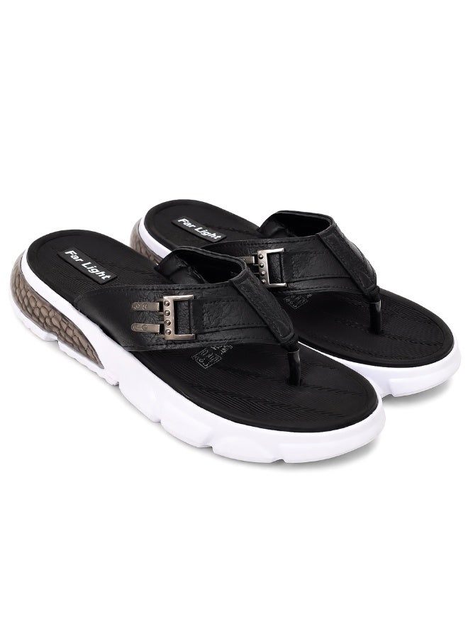 Men's Leather Flip Flop, Cushioned Footbed, Lightweight Thick Sole, Soft Toe Post, Anti-Slip Casual Beach & Everyday Slippers