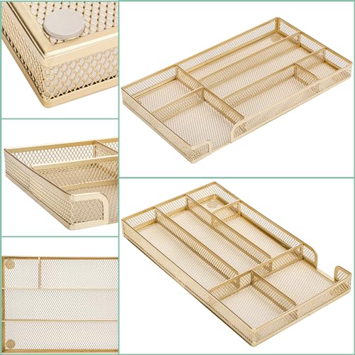 Annova Desk Drawer Organizer Tray for Office Organization - Metal Mesh - Storage Tray with Dividers for Pens, Desktop Accessories, Bathroom, Kitchen, Makeup and Office Supplies (Small, Gold) - Image 2