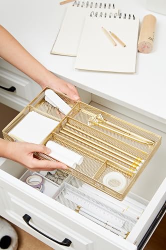 Annova Desk Drawer Organizer Tray for Office Organization - Metal Mesh - Storage Tray with Dividers for Pens, Desktop Accessories, Bathroom, Kitchen, Makeup and Office Supplies (Small, Gold) - Image 4