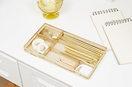 Annova Desk Drawer Organizer Tray for Office Organization - Metal Mesh - Storage Tray with Dividers for Pens, Desktop Accessories, Bathroom, Kitchen, Makeup and Office Supplies (Small, Gold) - Image 5
