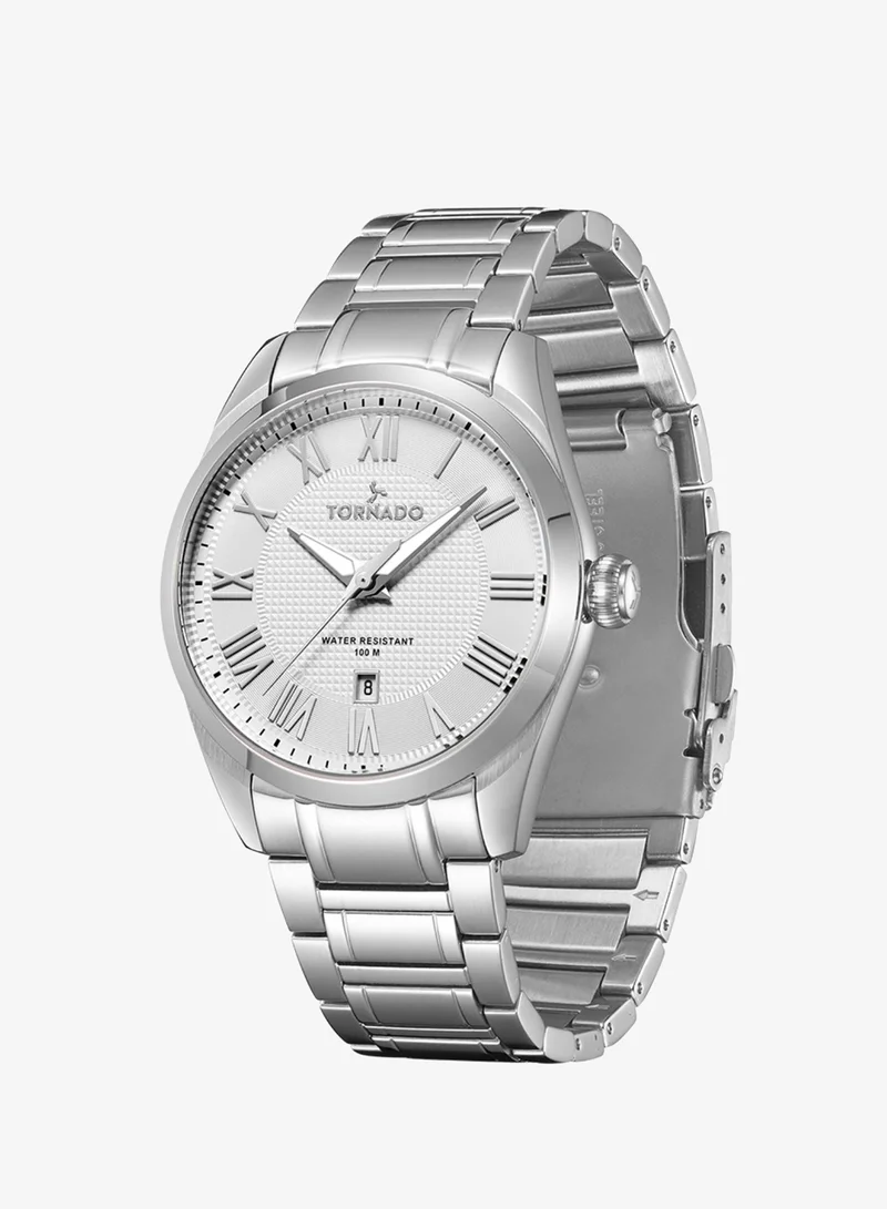TORNADO Men's Solid stainless steel with Polished and brushed links. 3H with date Display Watch T8007-SBSW - 42mm mm