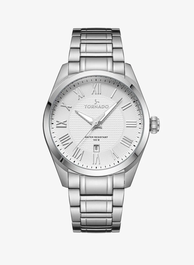TORNADO Men's Solid stainless steel with Polished and brushed links. 3H with date Display Watch T8007-SBSW - 42mm mm