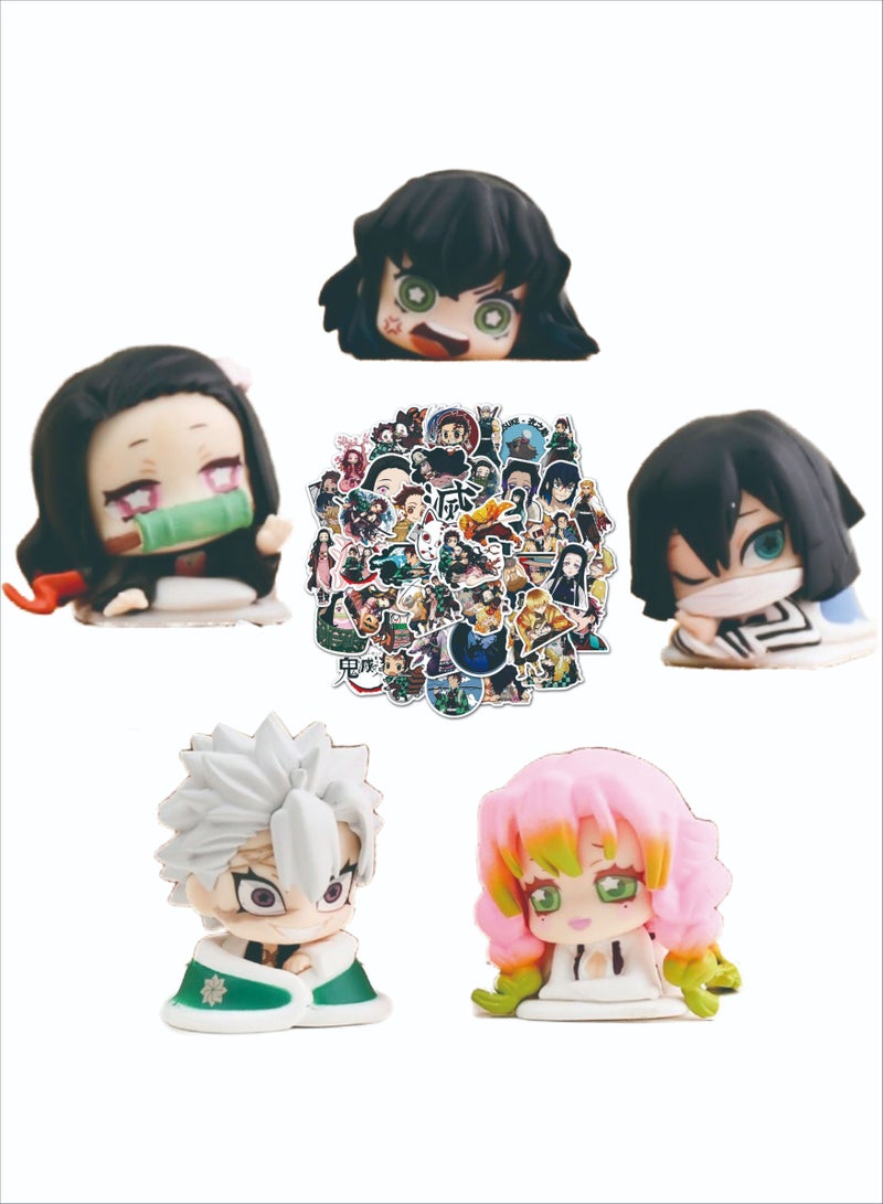 QiaoKai 5-Piece Demon Slayer Yaiba Action Figure Playset, with 50pcs Anime Stickers, Anime Figure Fan Collection Figurine for Children, Teens  - Image 1