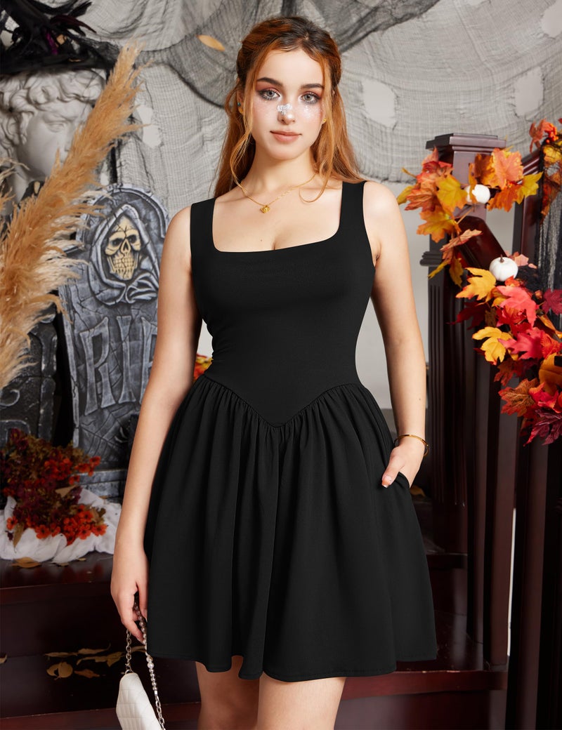YMDUCH Women's Summer Sleeveless Square Neck A-line Ruffle Hem Mini Tank Dress with Pockets Black - Image 3