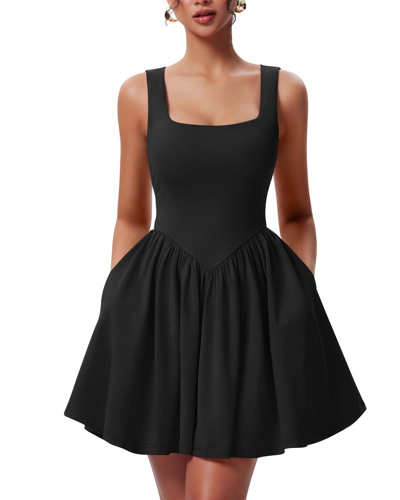 YMDUCH Women's Summer Sleeveless Square Neck A-line Ruffle Hem Mini Tank Dress with Pockets Black - Image 1