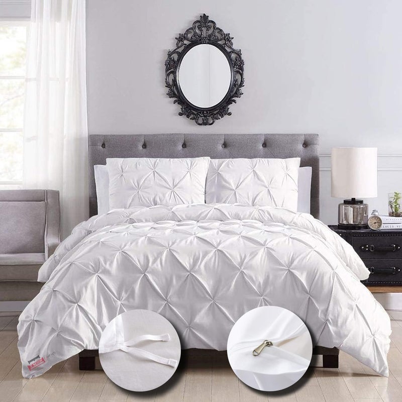 eBeddy Linens Ultra Silky Soft Pinch Pleated Egyptian Cotton Super King Plus 120x120 Size 3Pieces Duvet Cover Hidden Zipper Closer  Corner Ties Durable and Fade Resistant Pintuck White