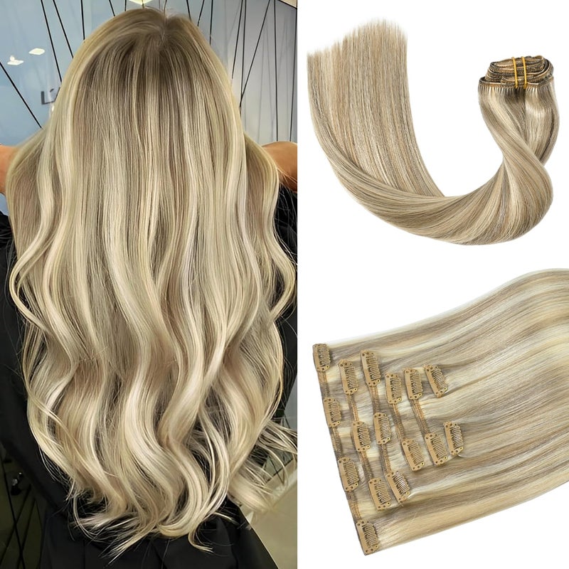 Aison Clip in Hair Extensions Real Human Hair 70G Light Ash BlondeBleach Blonde 100 Remy Human Hair Clip in Extensions Soft Silky Straight 7pcs 16clips 22 Inch 18P613