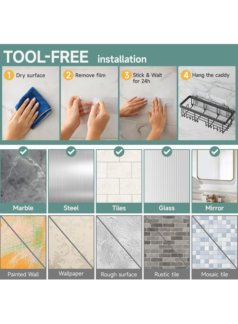 حامل دش مقاوم للصدأ والماء من 5 قطع، رف يثبت على الحائط بدون ثقب، حامل ثقيل الوزن، ملحقات تخزين منظمة كبيرة، مثالية للحمام والمنزل والمطبخ - Image 3