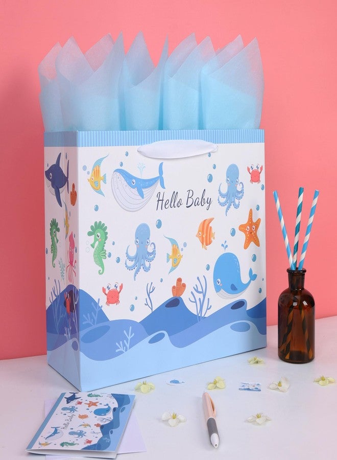 wishinside مجموعة حقائب هدايا كبيرة للأطفال من Wishinside مقاس 13 بوصة، مزودة بمقابض، وبطاقة تهنئة، وورق تغليف، وملصقات، مناسبة للمواليد الذكور، وحفلات استقبال المولود، وأعياد الميلاد، وللمواليد الجدد، وللأمهات الجدد، بتصميم مخلوقات بحرية، قطعة واحدة. - Image 5