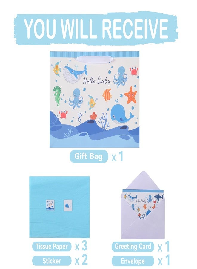wishinside مجموعة حقائب هدايا كبيرة للأطفال من Wishinside مقاس 13 بوصة، مزودة بمقابض، وبطاقة تهنئة، وورق تغليف، وملصقات، مناسبة للمواليد الذكور، وحفلات استقبال المولود، وأعياد الميلاد، وللمواليد الجدد، وللأمهات الجدد، بتصميم مخلوقات بحرية، قطعة واحدة. - Image 3