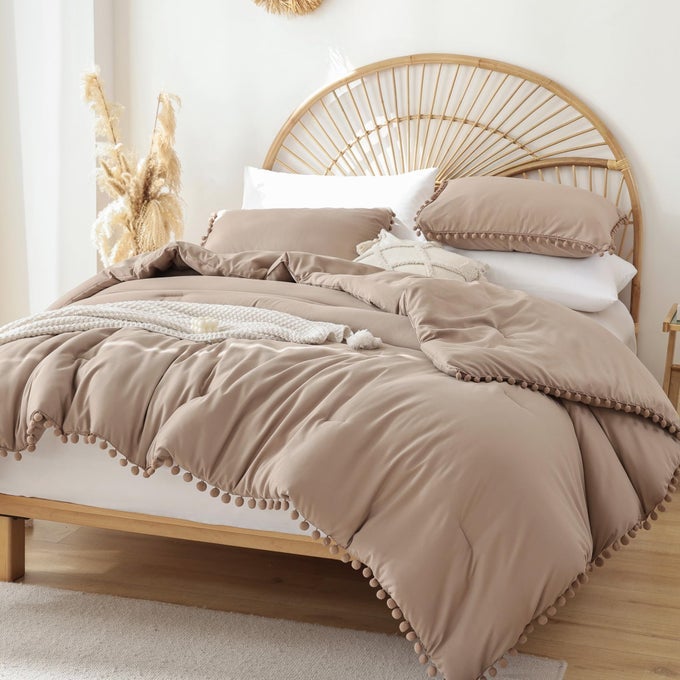 TWIN COMFORTER SET COMFORTER TWIN SIZE BED WITH BALL POM FRINGE SOFT BEDDING SET FOR ALL SEASONS 2 PIECES 1 COMFORTER 66X90 1 PILLOW SHAM20X26 TAUPE