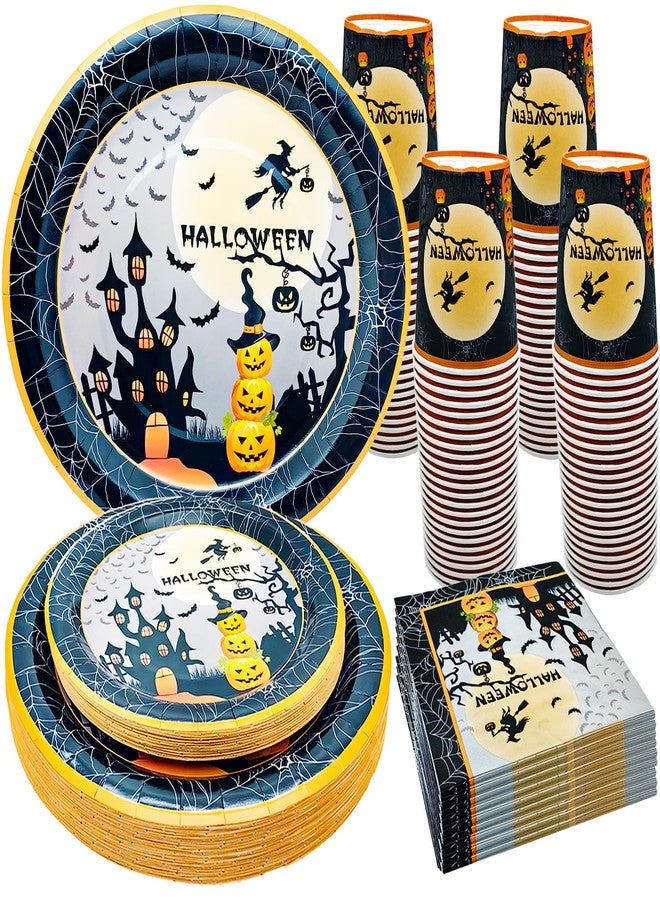 HSPAIDYP 96Pcs Halloween Party Supplies Decorations Set Halloween Paper Plates Pumpkin Plates Napkins Cups for Spooky Haunted House Themed Party Birthday Decor Serves 24 - Image 1