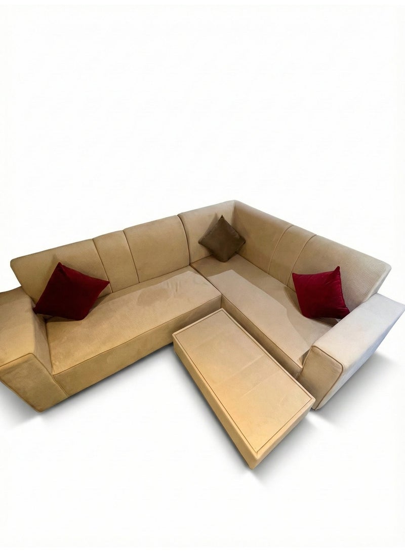 أريكة ليون فرنتشر صغيرة بيج اللون على شكل حرف L (180 × 140 سم) مع طاولة قهوة مستطيلة و3 وسائد - تصميم منخفض للجلوس على الأرض - Image 1