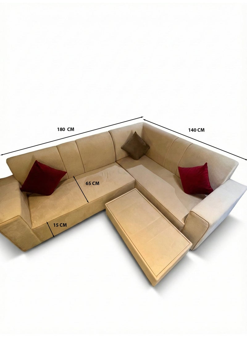أريكة ليون فرنتشر صغيرة بيج اللون على شكل حرف L (180 × 140 سم) مع طاولة قهوة مستطيلة و3 وسائد - تصميم منخفض للجلوس على الأرض - Image 2