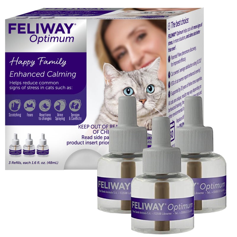 FELIWAY Optimum 3 x 30 Day Cat Calming Refills for Pheromone Diffuser, 3 x 48ml Value Pack - Helps Reduce Common Signs of Stress in Cats & Kittens, Enhanced Calming - Image 1
