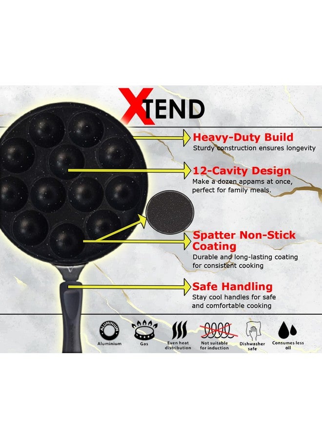 Xtend Non-Stick Heavy 12 Cavity APPAM (Spatter Finish) Glass LID (Hammer Tone Coated) Paniarakkal with Lid 0.5 L Capacity 21 cm Diameter (Aluminium, Non-Stick) - Image 3