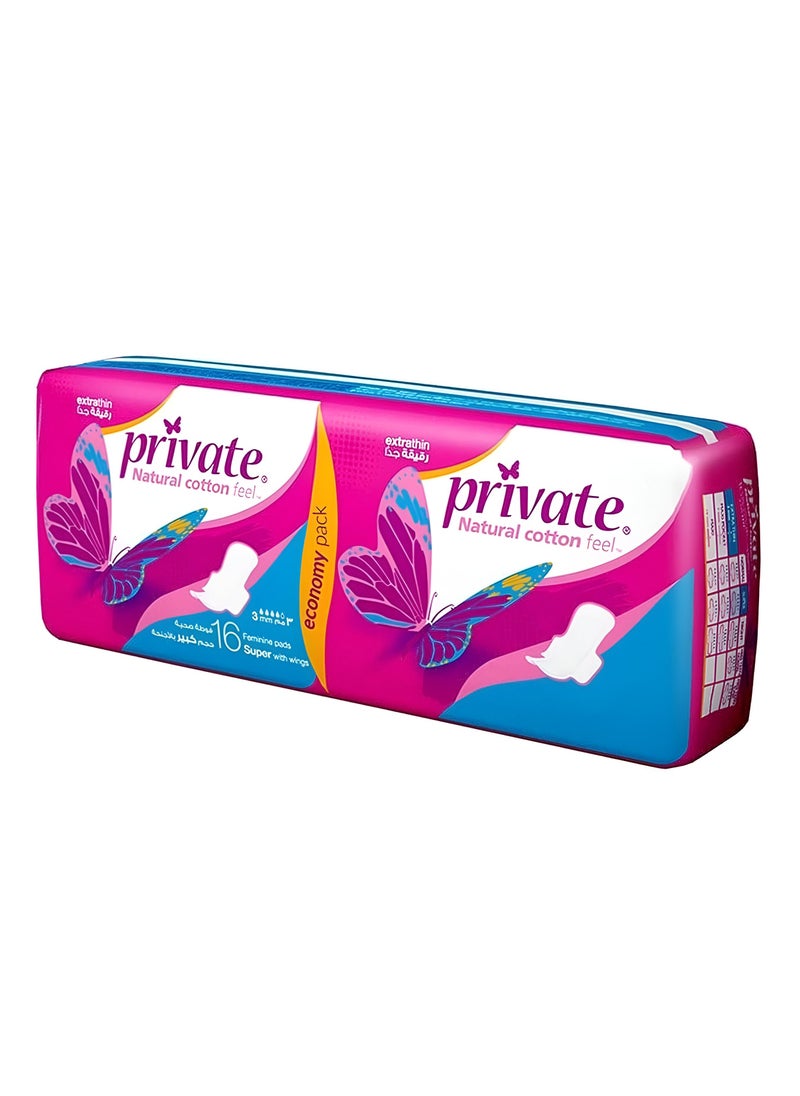 Private Natural Cotton Feel Super with wings Feminine Pads 16 Pcs - Image 1