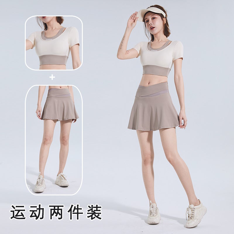 Generic Color-Block Quick-Dry Yoga Fitness Suit Ivory White [short sleeve] + milk card color [Skirt]] 