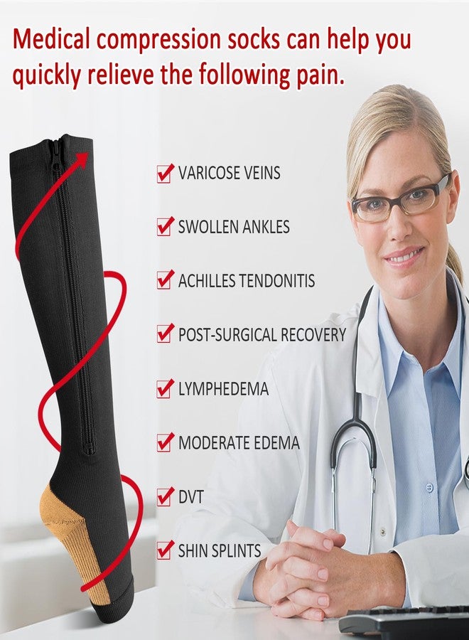 Ailaka 3 Pairs Compression Socks with Zipper, 15-20 mmHg Medical Knee High Compression Socks for Men Women, Open Toe Socks for Varicose Veins, Edema, Recovery(Black Copper, 3XL) - Image 4
