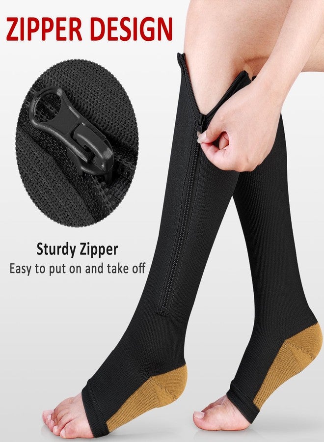 Ailaka 3 Pairs Compression Socks with Zipper, 15-20 mmHg Medical Knee High Compression Socks for Men Women, Open Toe Socks for Varicose Veins, Edema, Recovery(Black Copper, 3XL) - Image 2