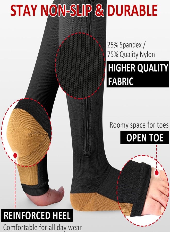 Ailaka 3 Pairs Compression Socks with Zipper, 15-20 mmHg Medical Knee High Compression Socks for Men Women, Open Toe Socks for Varicose Veins, Edema, Recovery(Black Copper, 3XL) - Image 3