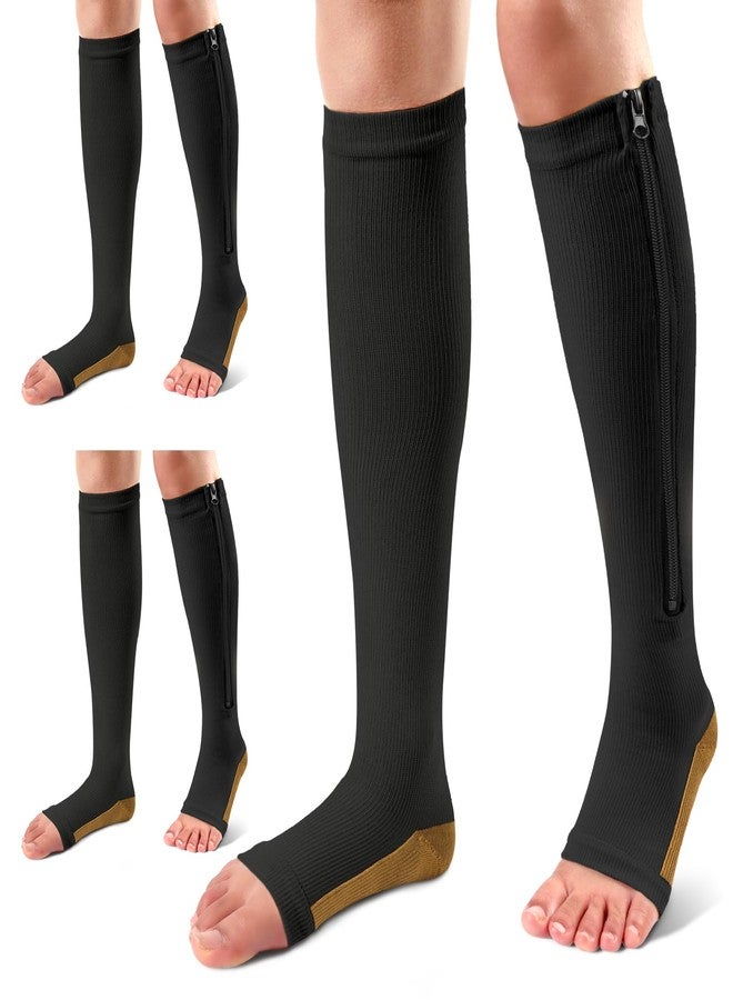 Ailaka 3 Pairs Compression Socks with Zipper, 15-20 mmHg Medical Knee High Compression Socks for Men Women, Open Toe Socks for Varicose Veins, Edema, Recovery(Black Copper, 3XL) - Image 1