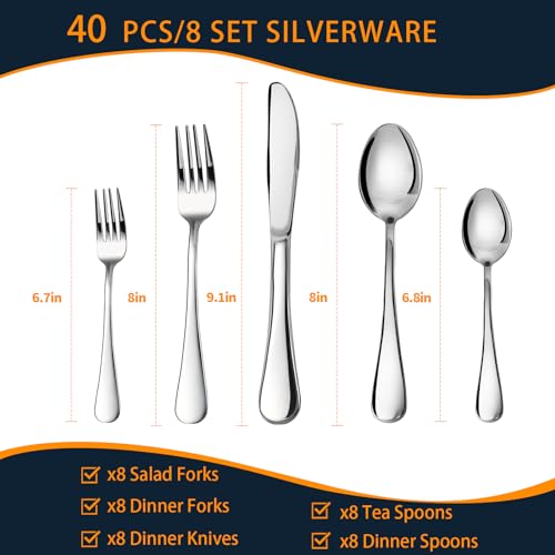 NICE KITCHEN Silverware Set, 40 Piece Stainless Steel Cutlery Sets for 8, Heavy Duty Flatware, Mirror Polished Forks Spoons and Knives Set, Reusable Utensils for Home Kitchen, Dishwasher Safe - Image 5