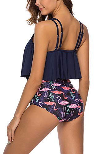 Adisputent Women High Waisted Swimsuit Flounce Swimwear Racerback Vintage Two Piece Bikini(Navy Flamingo,XXL) - Image 2