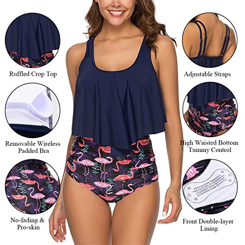 Adisputent Women High Waisted Swimsuit Flounce Swimwear Racerback Vintage Two Piece Bikini(Navy Flamingo,XXL) - Image 4