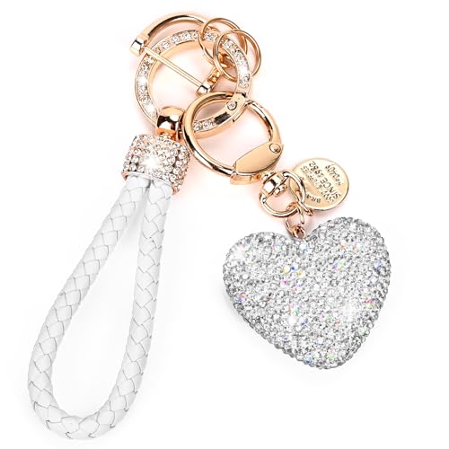 Prometheism Car Keychain for Women with Rhinestone Heart Shape Bling Girl Cute Keychain for Christmas,Personalized Gift (A-White) - Image 1