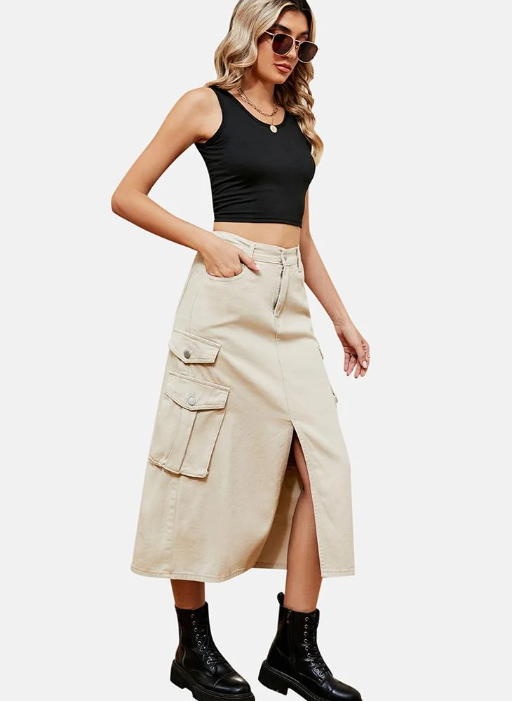 يونيكي Beige Mid Rise Plain Midi Skirt