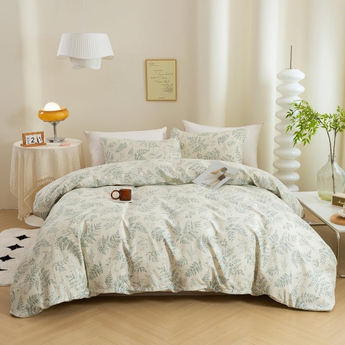 3 PIECES DUVET COVER SET WITH VINTAGE GREEN LEAVES PATTERN 100 NATURAL COTTON COZY SIMPLE STYLE BEDDING SET QUEEN SIZE