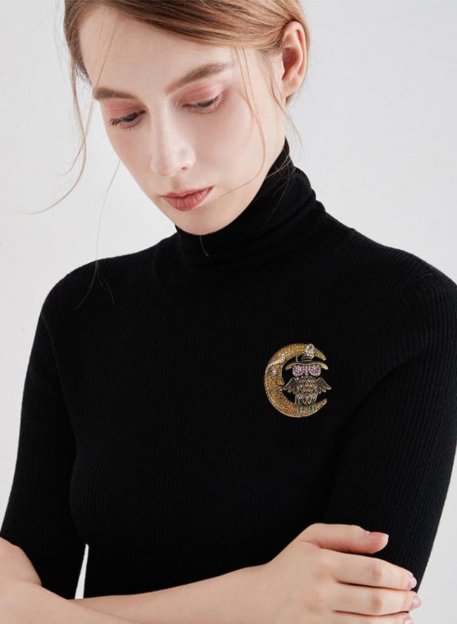 OIDIMS Vintage Owl on the Moon Rhinestone Brooch for Women Men Charms Crystal Animal Bird Crescent Brooches Lapel Pins for Clothing Gold-Tone Plated Fashion Jewelry Unisex Accessories Scarves Clip (Orange) - Image 2