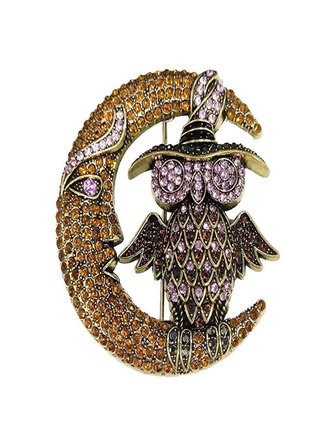 OIDIMS Vintage Owl on the Moon Rhinestone Brooch for Women Men Charms Crystal Animal Bird Crescent Brooches Lapel Pins for Clothing Gold-Tone Plated Fashion Jewelry Unisex Accessories Scarves Clip (Orange) - Image 1