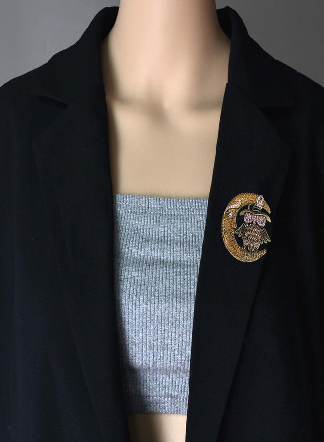 OIDIMS Vintage Owl on the Moon Rhinestone Brooch for Women Men Charms Crystal Animal Bird Crescent Brooches Lapel Pins for Clothing Gold-Tone Plated Fashion Jewelry Unisex Accessories Scarves Clip (Orange) - Image 3
